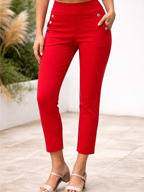 Counterparts Red Slim Ankle Pants with Decorative Buttons